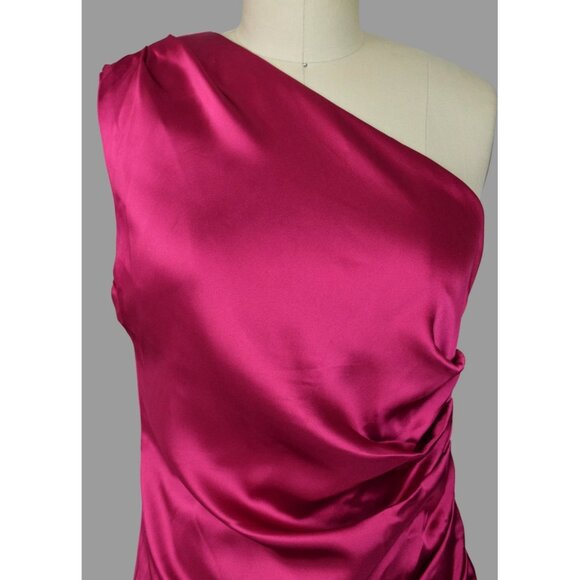 RACHEL ZOE DARK PINK SATIN RUCHED ONE SHOULDER MIDI DRESS - Picture 2 of 7